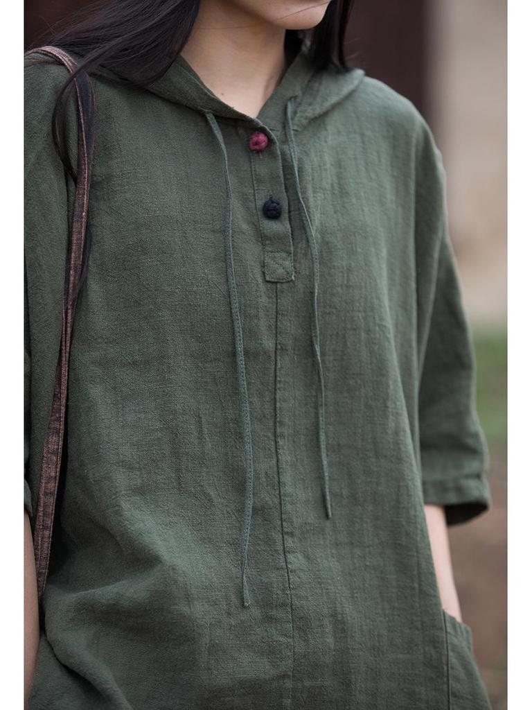 Women's Cotton Linen Hooded Frog Button T-shirt - Autumn/Winter Short Sleeve Sun Protection