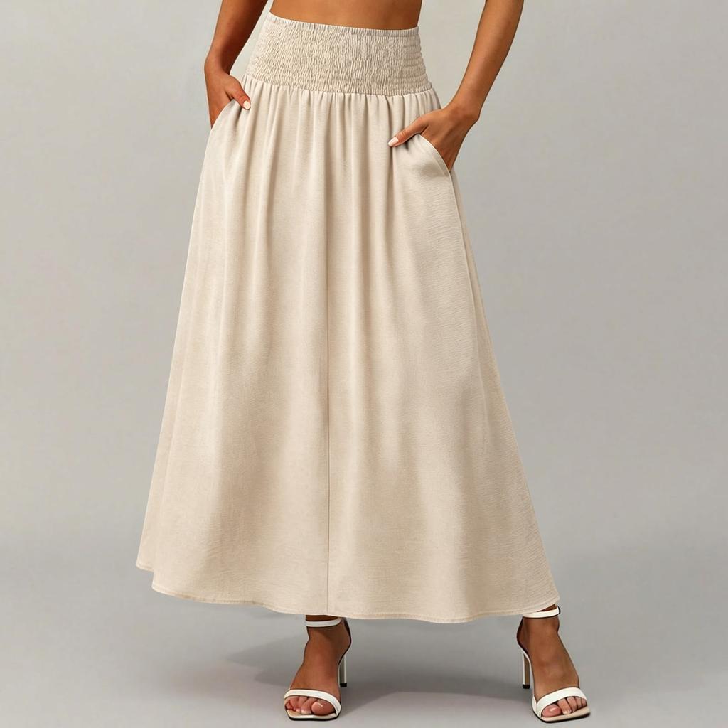 Women's Fashion Casual Color Pocket High Waist Loose Flared Midi Skirt