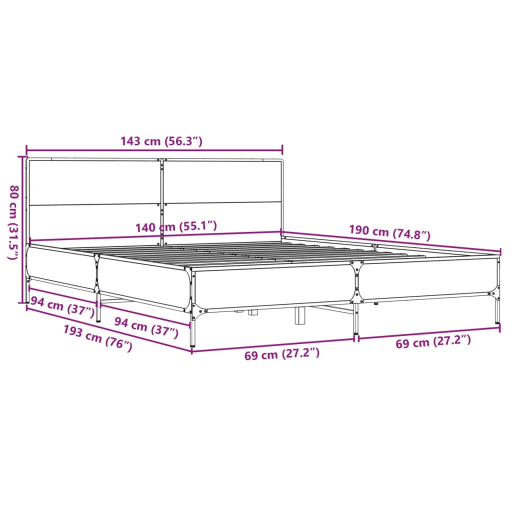 Black Bed Frame 140 x 190 cm Particleboard and Metal