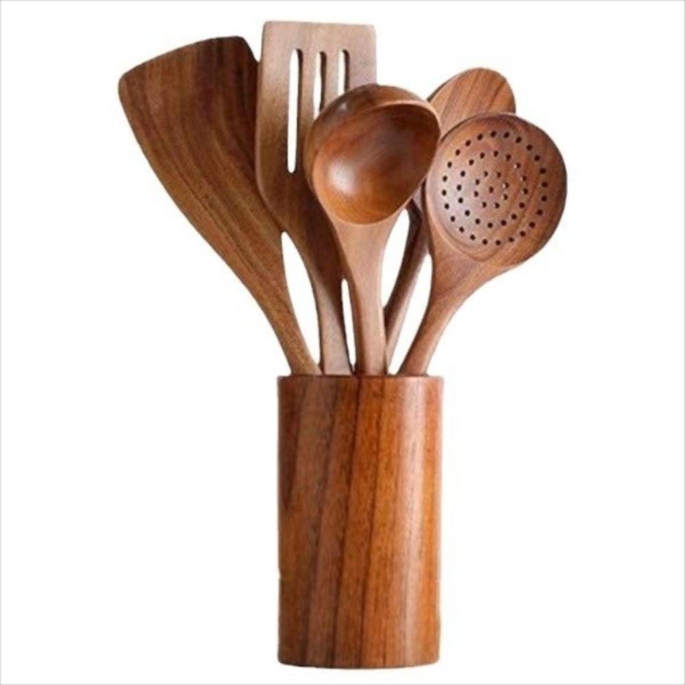 9pcs Acacia Wood Kitchen Utensils Set Long Handle Non Stick Wooden Cooking Utensils Heat Resistant No Paint Frying Spatula Spoon