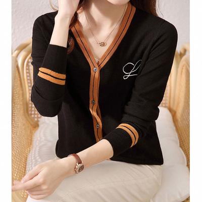 Spring and Autumn Colour Blocking Knitted Cardigan Women's Temperament V-neck Sweater Jacket Fashion Top Tide