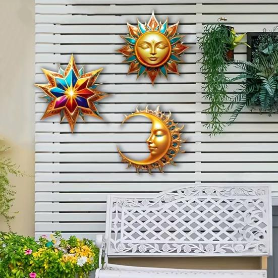 3Pcs Sun Moon Star Wall Decorations Waterproof Bohemian Sun Moon Star Wooden Wall Art Set Outdoor Indoor Hanging Decor Retro Style Garden Patio