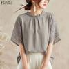 Women Casual Round Neck Lace Splice Half Sleeve Blouse