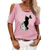 Women Casual Off Shoulder Tee Shirt Summer&fall Round Collar Short Sleeve Top Female Fashion Cat Printed T-shirt