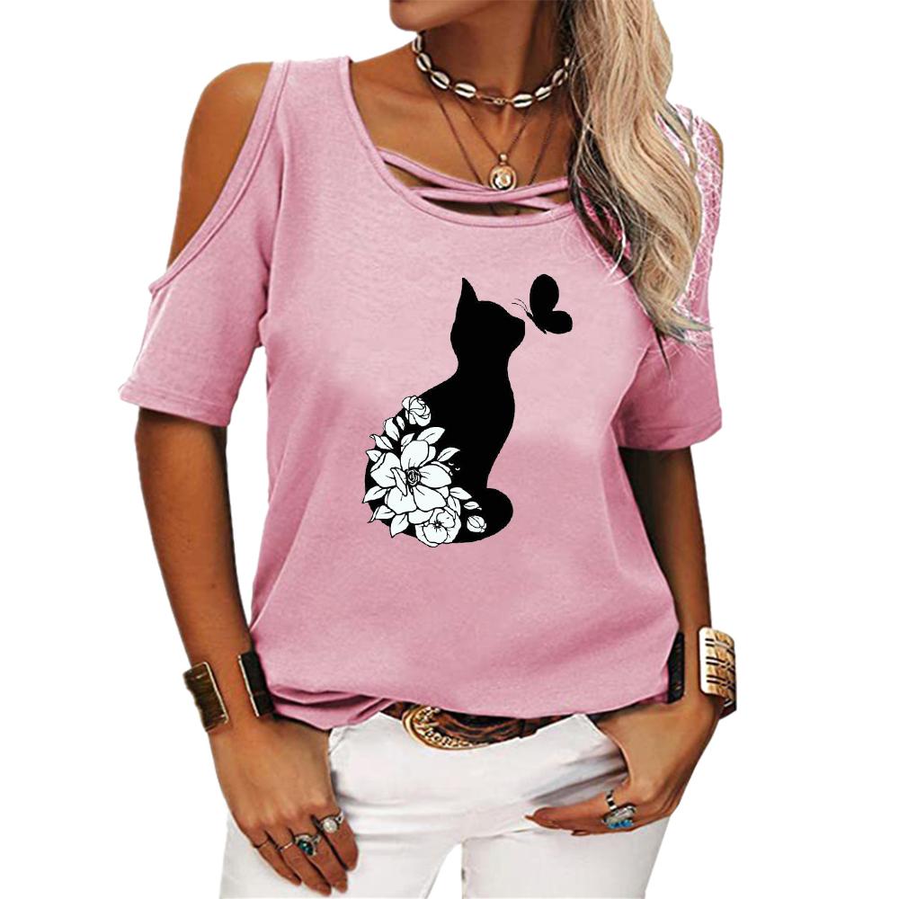 Women Casual Off Shoulder Tee Shirt Summer&fall Round Collar Short Sleeve Top Female Fashion Cat Printed T-shirt