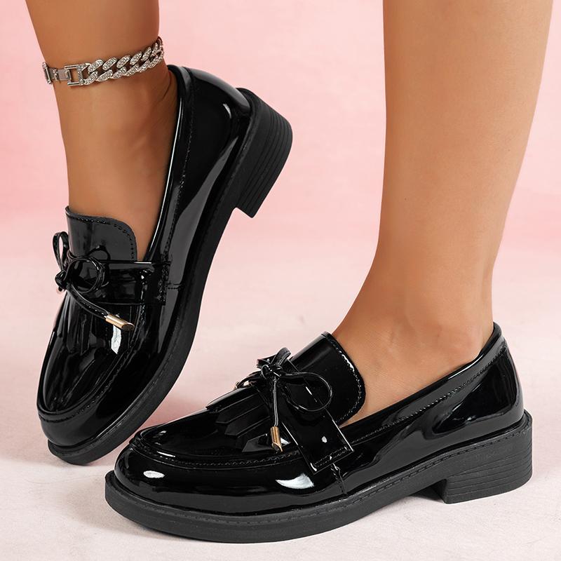 Mode Mode Nœud Verni Ballerines Femmes 2025 Grande Taille Noir Mocassins à Talons Moyens Femme Confortable Chaussures Simples à Enfiler Féminines
