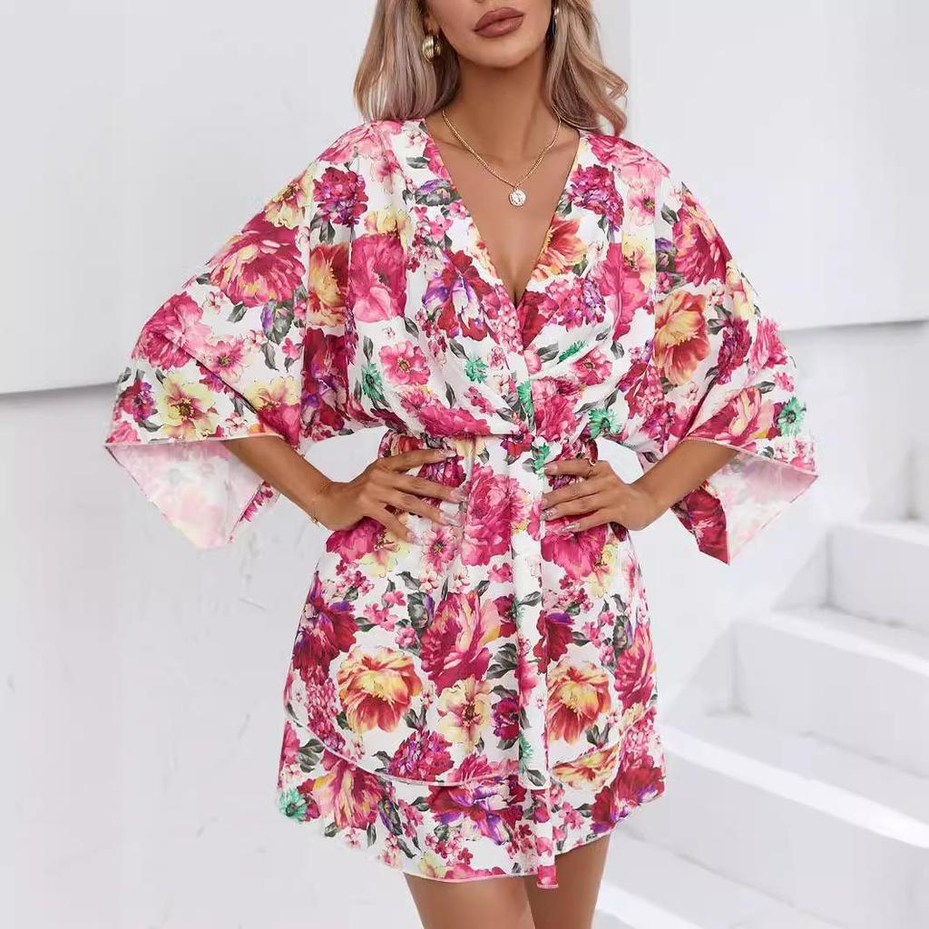 Women's Summer Ethnic Printed Short Sleeve High Waist A Line Lace Up Dress