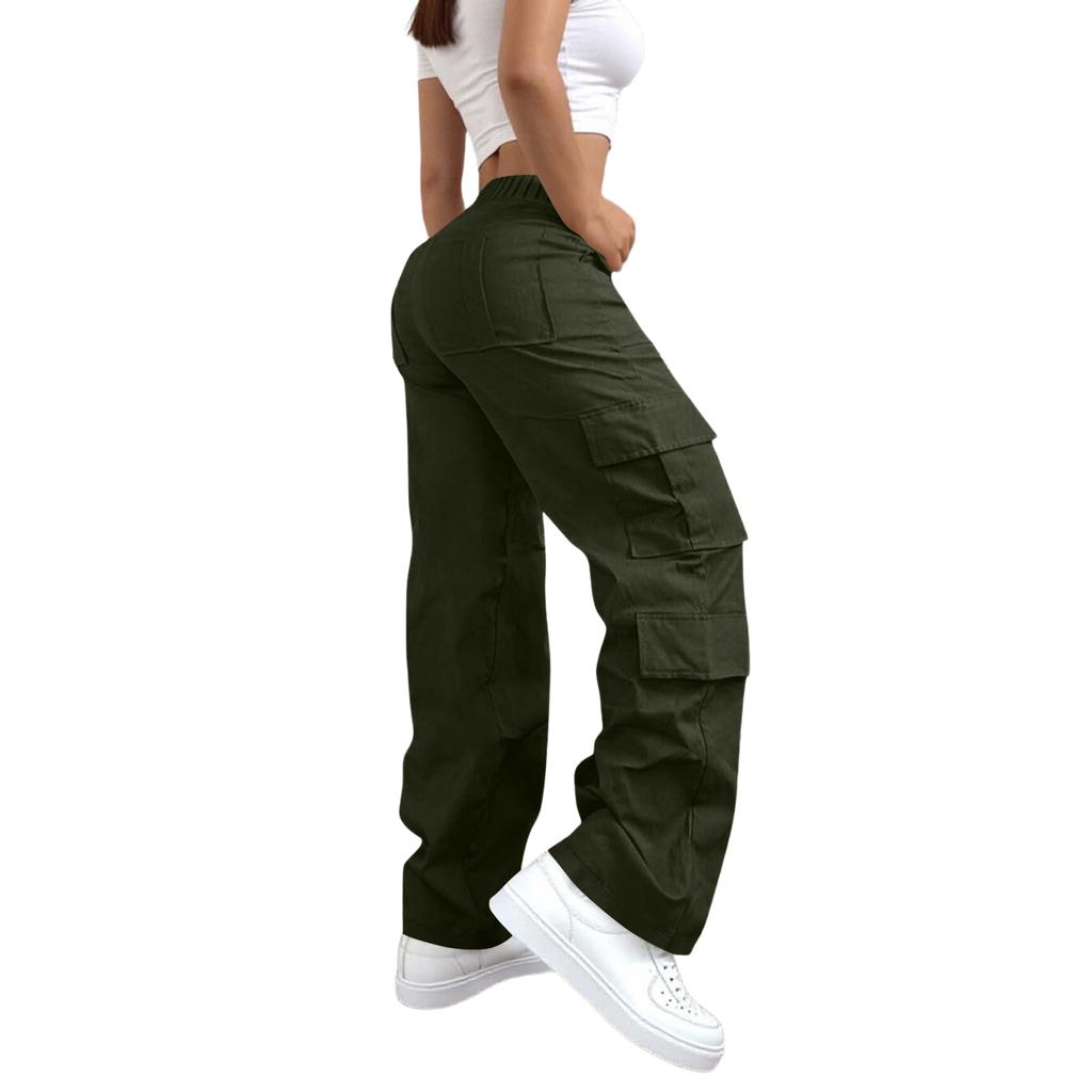 Womens Elastic High Waisted Cargo Pants Stretch Casual Wide Leg Streetwear Parachute Hiking Pants With Pockets