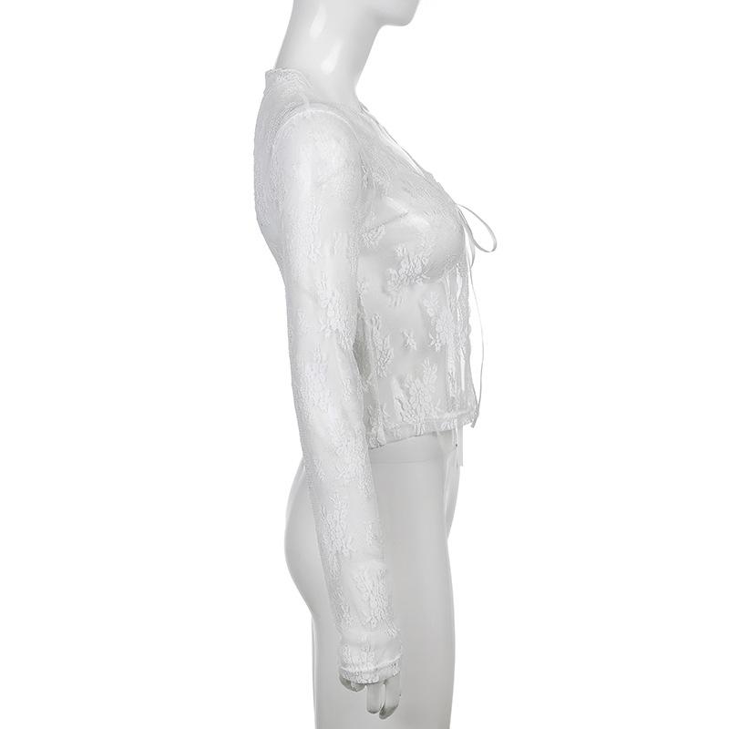 Lace Cardigan 2022 Summer Embroidery White Shirt Korean Clothes Beach Crochet Long Sleeve Top Women Ladies Sexy Blouse