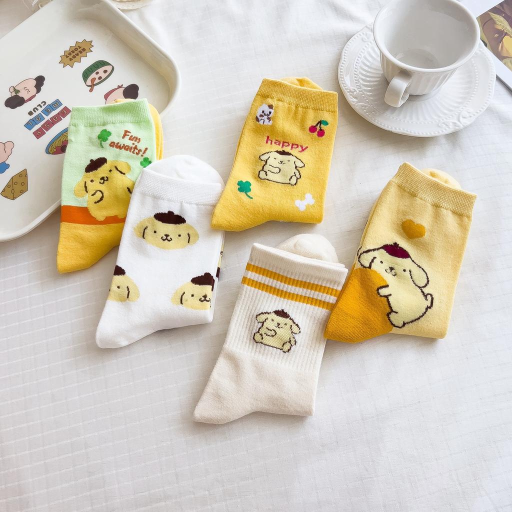 Sanrio Mymelody Cinnamoroll Pom Pom Purin Středně dlouhé ponožky Ins Prodyšné Minimální design Volnočasové Sportovní ponožky Dárky pro dívky Krásné
