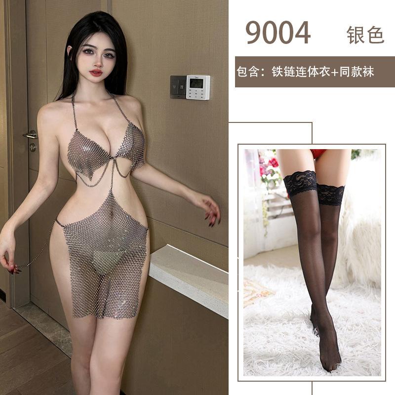 Sexy Perspective Chain Sexy Lingerie Seduction Hollow Strap Neck Three-point Nightclub Girl Uniform