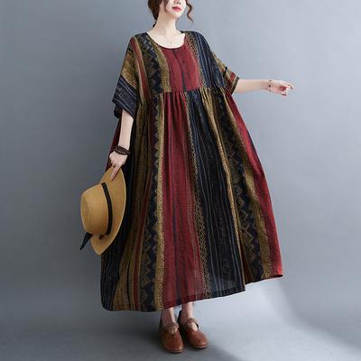 Cotton Linen Plus Size Striped Dresses Short Sleeve Clothing Women Casual Loose Long Summer Dress