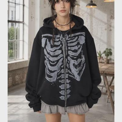 Moletom Esqueleto, Moletom Gótico Oversized com Zíper, Jaqueta com Estampa de Ossos para Halloween, Moletom Streetwear Y2K, Moletom Caveira Unissex