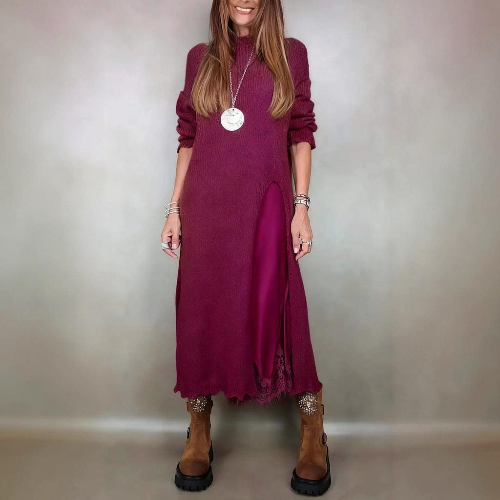 Autumn Lace Slip Dress Set With Spliced Knit Top For Elegant Office Women