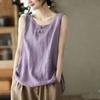 Canotta Donna Etnica Retro Monocolore Cotone Lino Ampia Scollo Tondo Bottoni a Rana Capo Esterno Top Casual