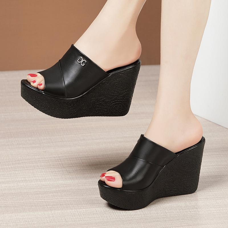 Women Wedges Slippers 2024 New Summer Open Toe Solid Color Shallow Sandals High Heels Platform Slippers Slides Women