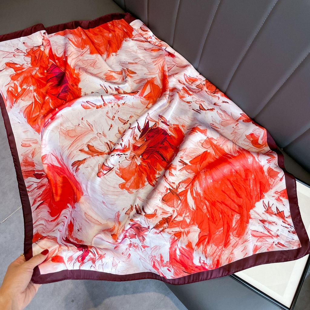 Women's Retro Fashion Mulberry Silk Feel Square Scarf - Summer Faux Satin, Sun Protection, 90cm