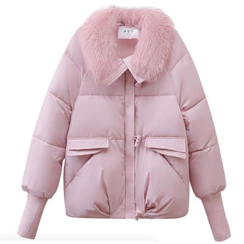 Winter Dames Warme Jas Dikke Bontkraag Jas Kort Dons Katoen Losse Buitenkleding Effen Casual Vrouwelijke Parka's Jassen