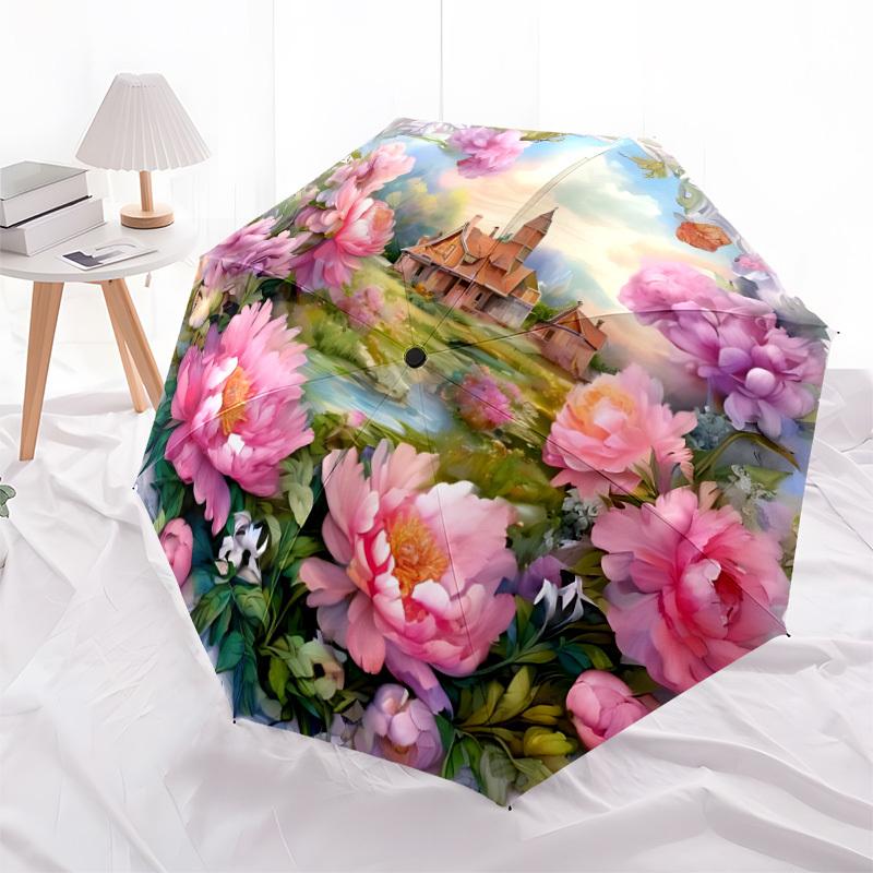 1pc Pastoral Landscape Automatic Open/Close Umbrella - Portable Collapsible Umbrella with 8-Rib Stability, Fashion Lovers Yy251017198