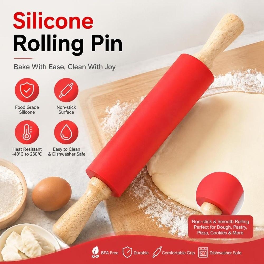 Solid Wood Handle Rolling Pin Silicone Pastry Roller New Baking Rolling Pin  Kitchen Baking