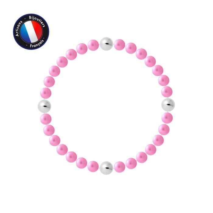 PERLINEA - Bracelet - Véritables Perles de Culture d'Eau Douce Rondes 5-6 mm Rose Naturel Fushia - Câble Elastiqué - Bijoux Femme