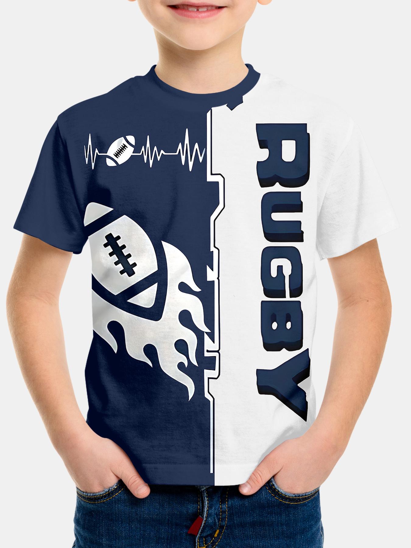 

Boys round neck T-shirt, blue and white sports style digital printed casual T-shirt, fashionable and handsome short sleeves 100