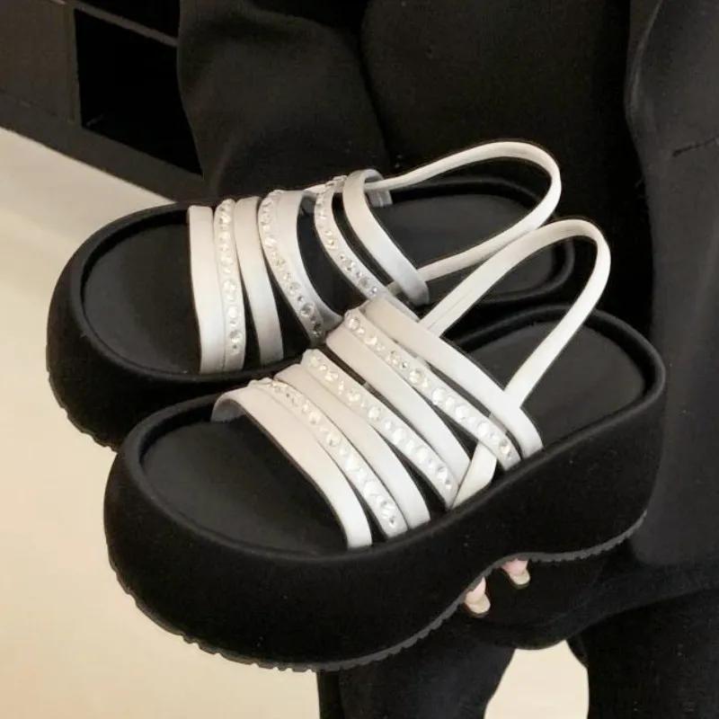 

Fashion Open Toe Narrow Band Designer Brand Sandals Women Luxury Rhinestone Round Toe Platform Sandals Comfortable Vacation Beach Shoes 39 серебряный