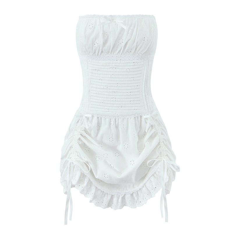 Angel Slim White Dress French Sweet and Spicy Stylish Embroider Bows Drawstring Lace Pure Desire Tube Top Dress