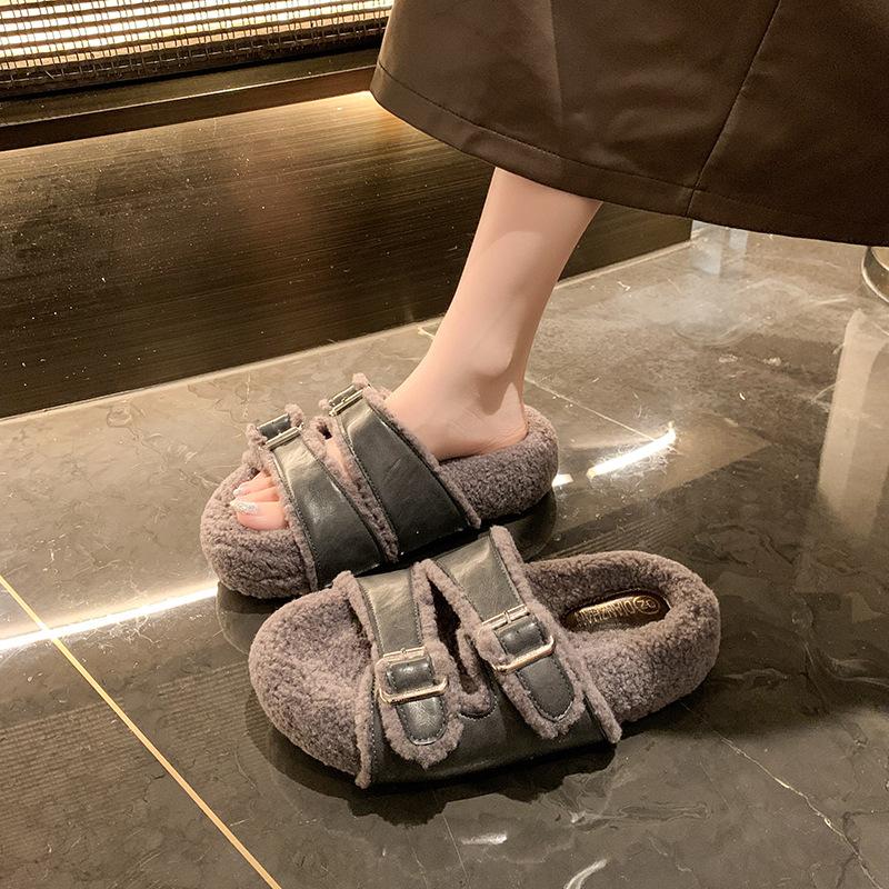 Platform-soled Boken shoes 2025 autumn and winter new Korean version of one-word fluffy slippers women wear flat-soled Boken velvet cotton shoes