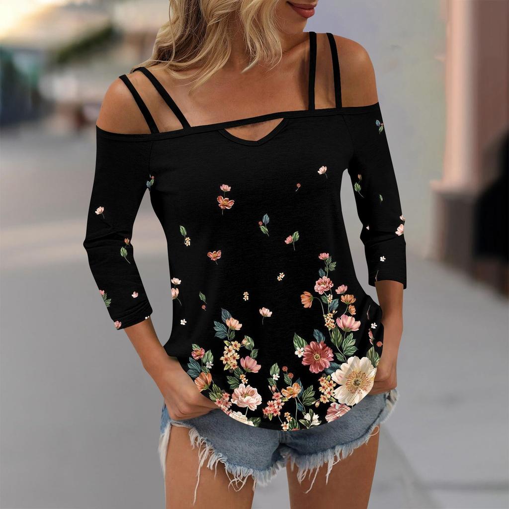T-shirt imprimé pour femme, haut à épaules dénudées, manches 3/4, sexy, tendance, haut régulier