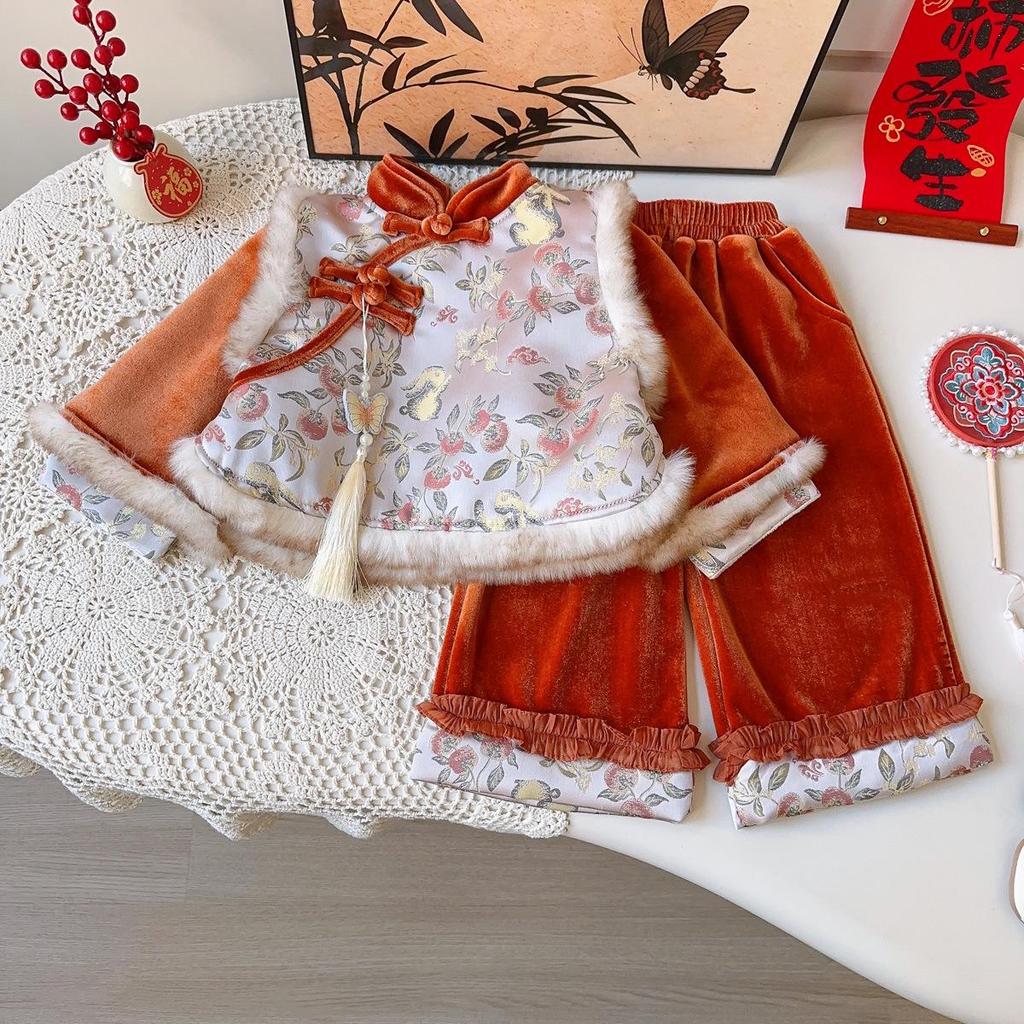 Girls’ Winter Chinese-Style Thickened Frog Button Outfit - Long Pants Two-Piece Set AWB122