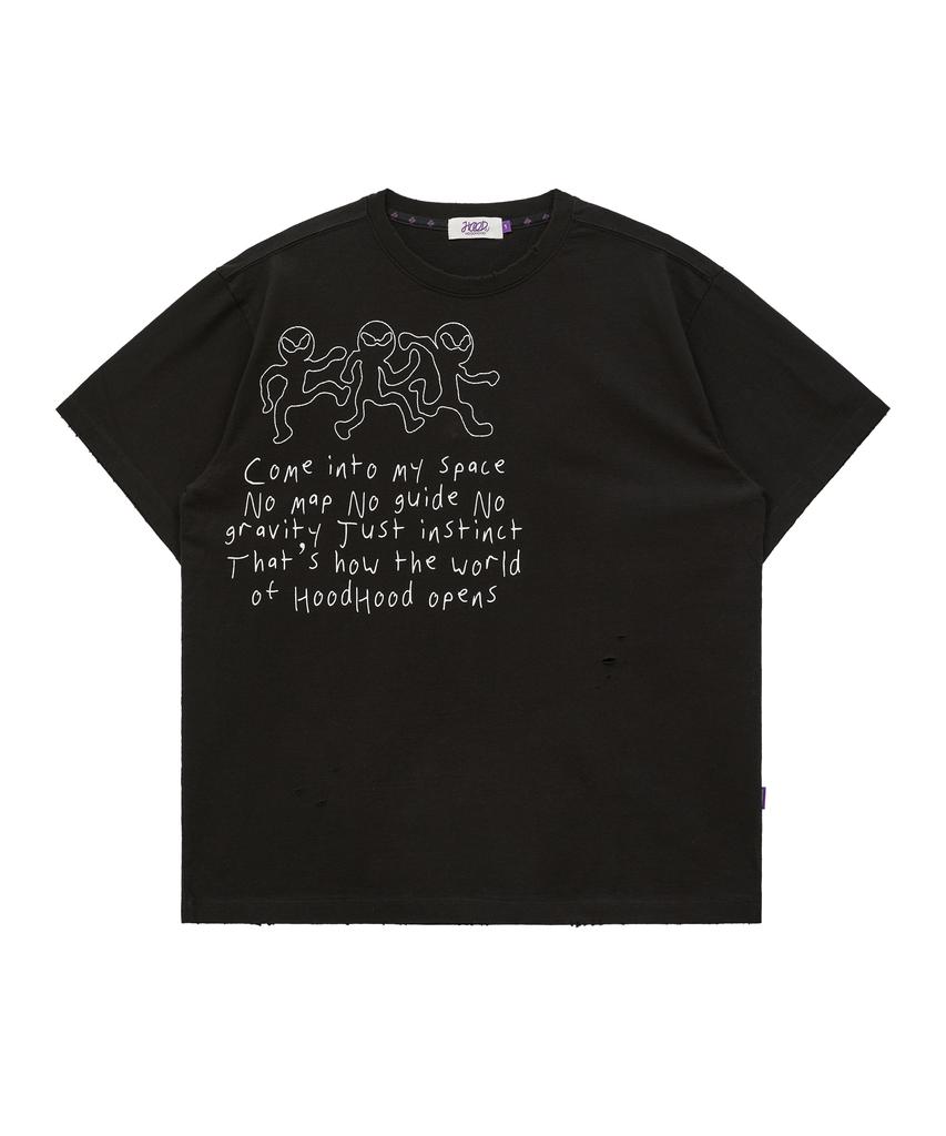 HOODHOOD Three Alien Damaged Short Sleeve T-Shirt Black