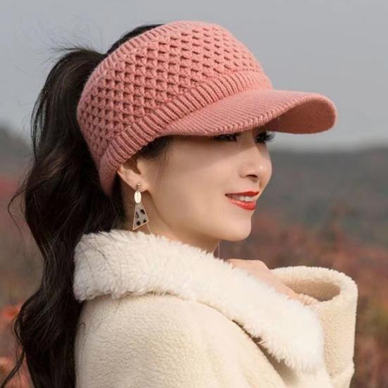 Knitted Hat Empty Top Plush Lining Casual Peaked Stretchy Keep Warm Solid Color Autumn Winter Women Sports Cap for Outdoor