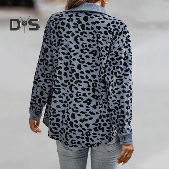 Women Spring Autumn Thin Shirt Coat Lapel Long Sleeve Single Breasted Leopard Patchwork Color Loose Fit Jacket Outwear