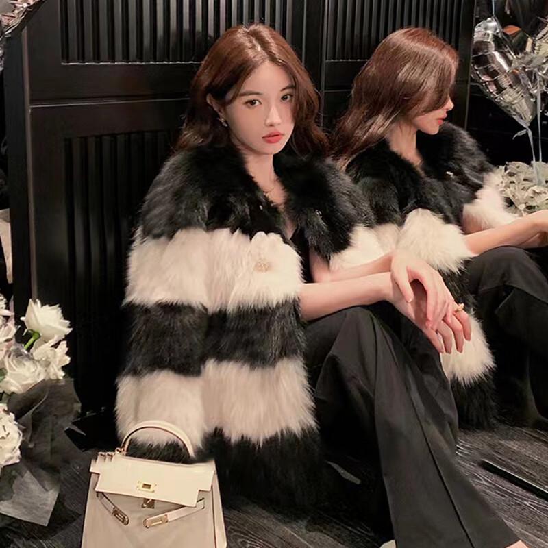 KAISER Women's Colorblock Double-breasted Rabbit Fur Coat