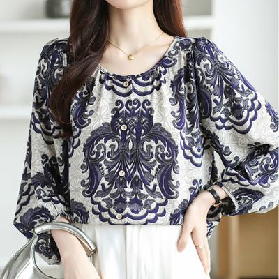 Vintage Printed Long Sleeve Loose Casual Shirt Women Fashion New Round Neck Elegant Women's Blouses Tops Simple Slim Fit Shirts Female Clothing 26332