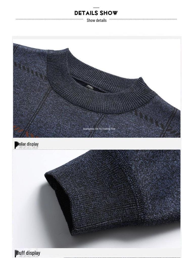 Warmer Herren-Pullover mit Karomuster und Plus-Samt für mittleres und älteres Alter (50er-60er Jahre) - Herbst/Winter Rundhals Basisschicht