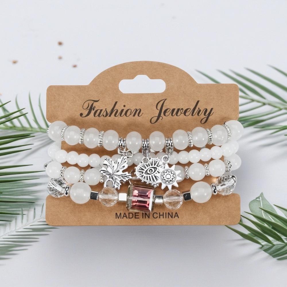 Bohemian Beaded Bracelet Set with Hollow Heart and Leaf Pendants