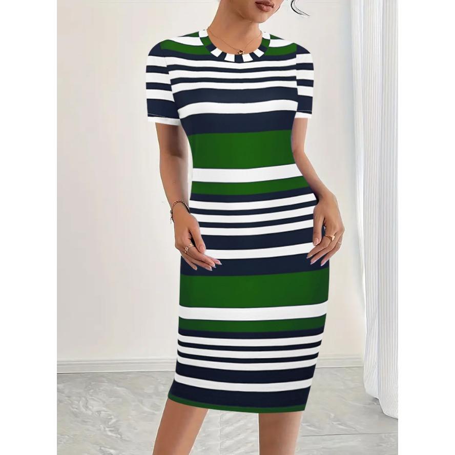 YYFS Women's Fashion Summer Spring Stripe Print Short Sleeve O-Neck High Waist Casual Dresses