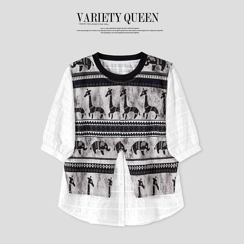 Women s Faux Two-Piece Fair Isle Print Round Neck Blouse M