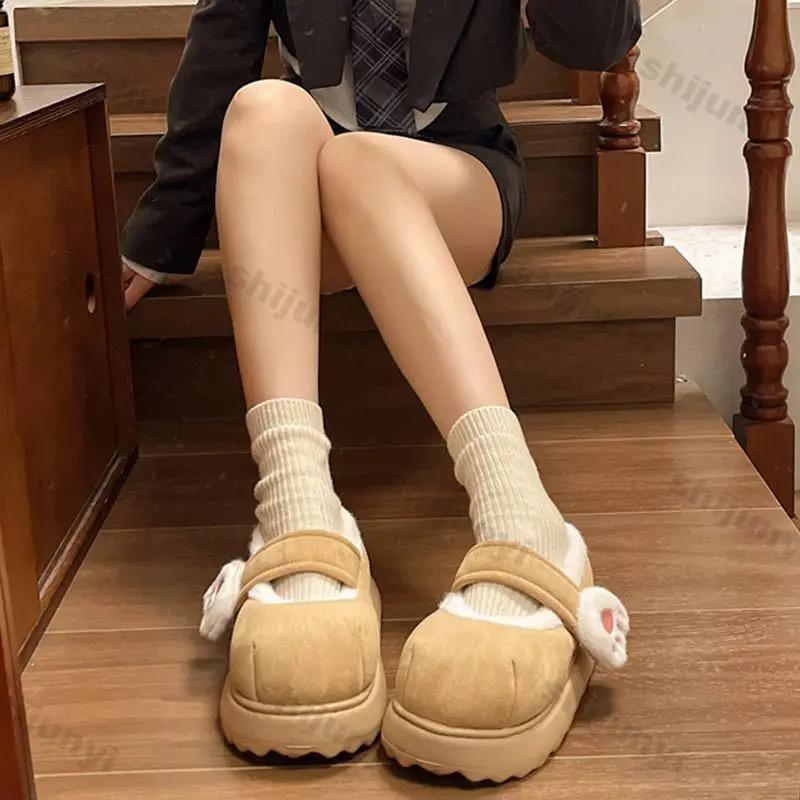 Women Cute Cat Claws Cotton Shoes Winter New Thick Bottom Outdoor Slippers Woman Plus Fleece Thick Soled Single Slippers
