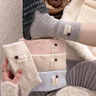 Wool Jewelry Socks Winter High-End Sense Thickened Warm Knitted Fabric Label Buttons Solid Color Simple Niche Socks