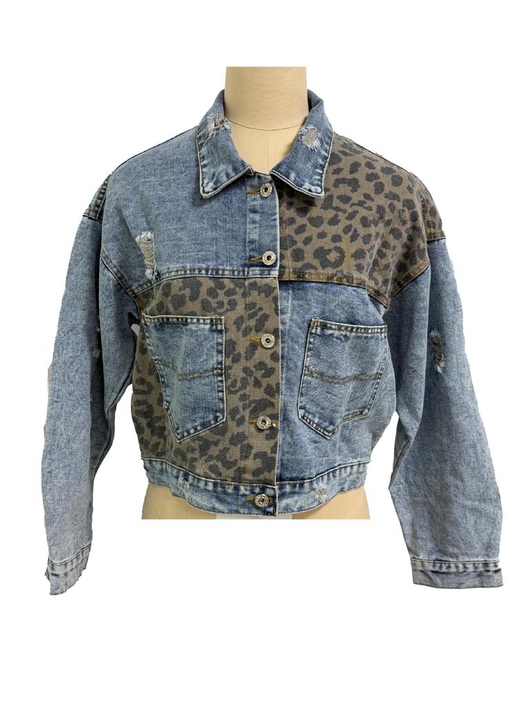 TEMU Damen Distressed Jeansjacke mit Leopardenmuster, Langarm, zerrissene Oberbekleidung.