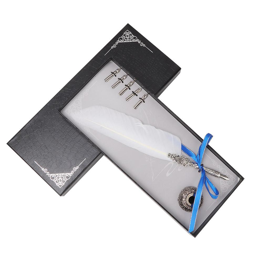 European Vintage Fountain Pen Feather Quill Dip Pen Signature Pen Set Stationery Gift (White)