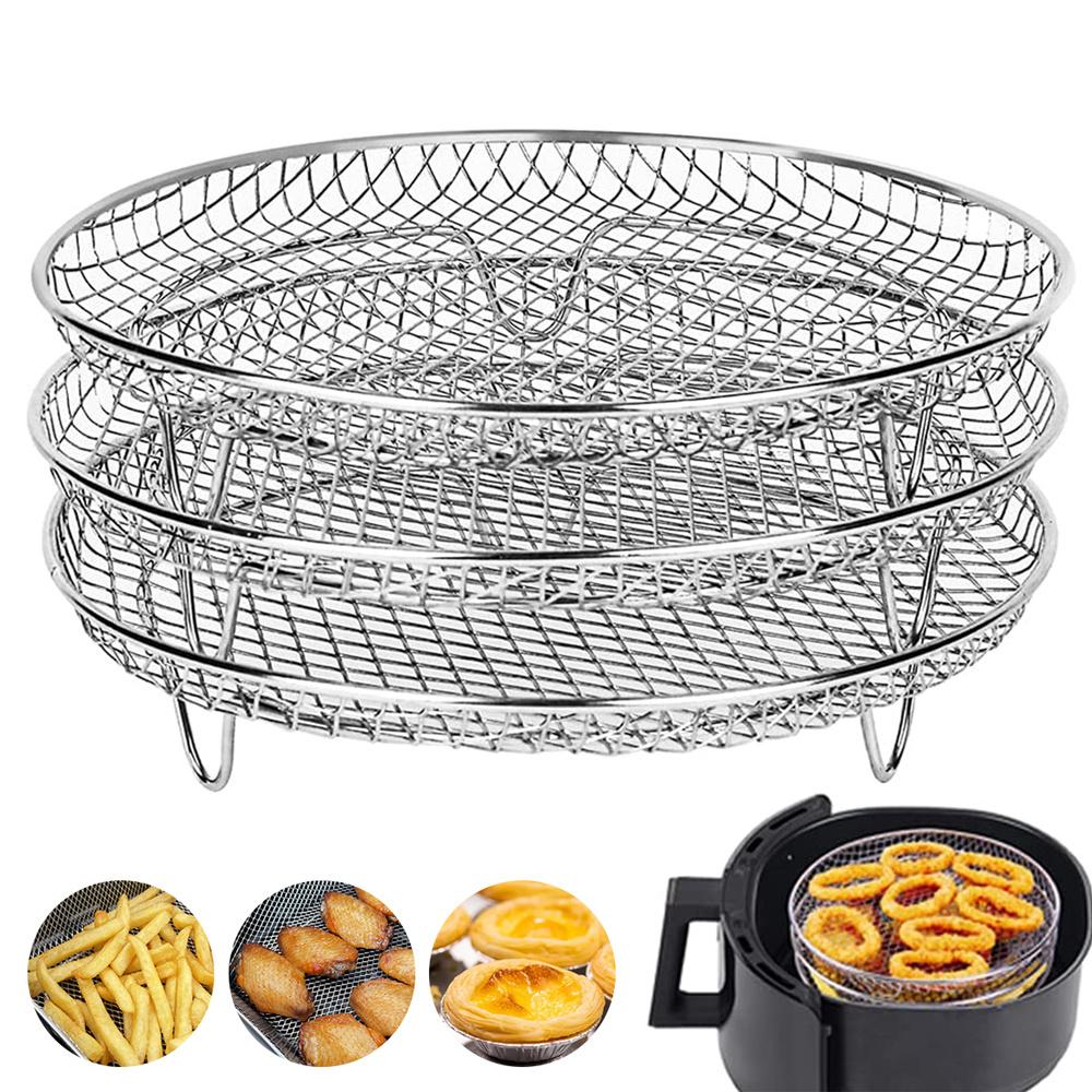 

3-layers Air Fryer Rack Stainless Steel Stackable Grid Grilling Drying Steam For Air Fryer Basket Tray Air Fryer Accessories серебряный