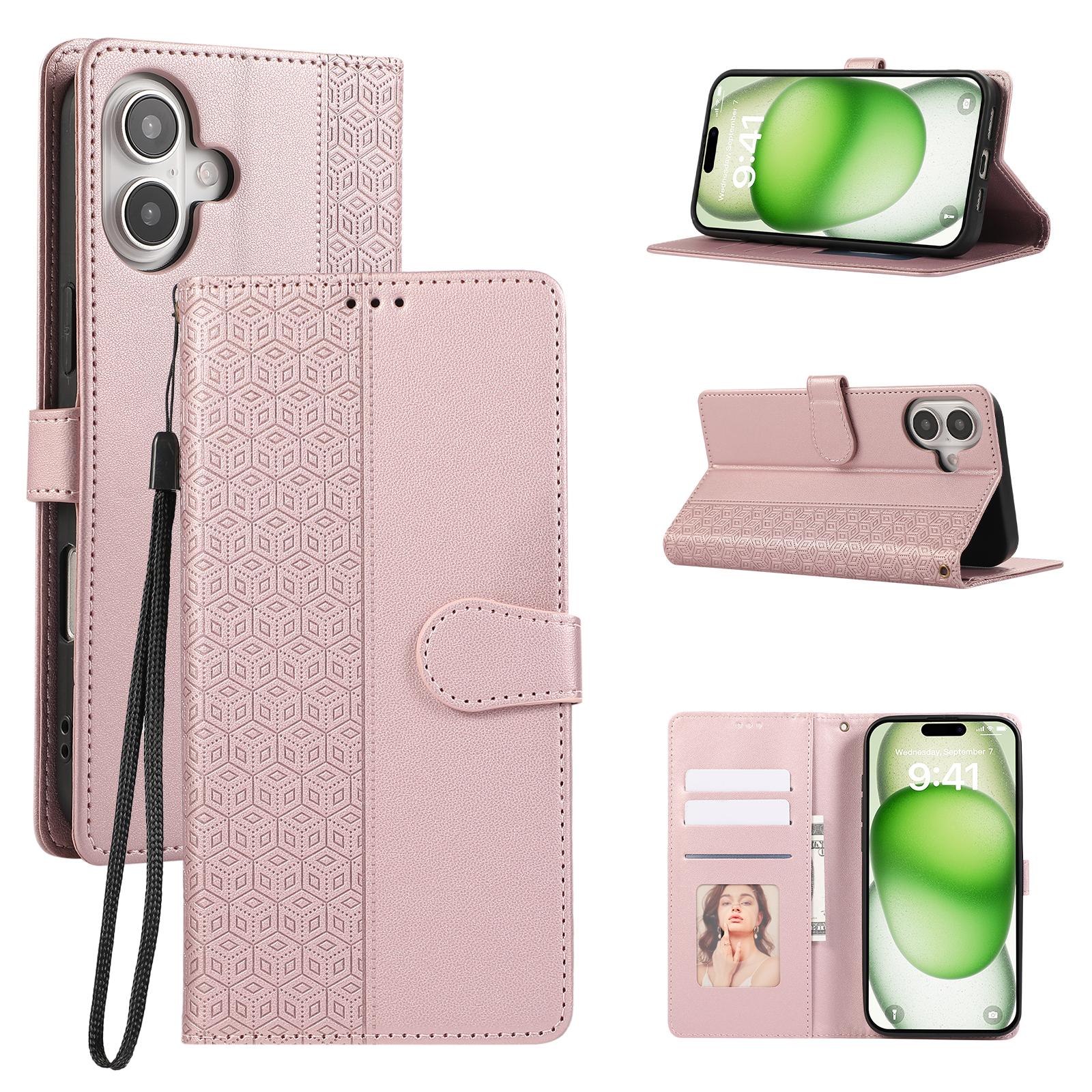 

For iPhone 16 Plus Case Anti Scratch Splicing Imprinted Rhombus Leather Phone Cover Rose Gold