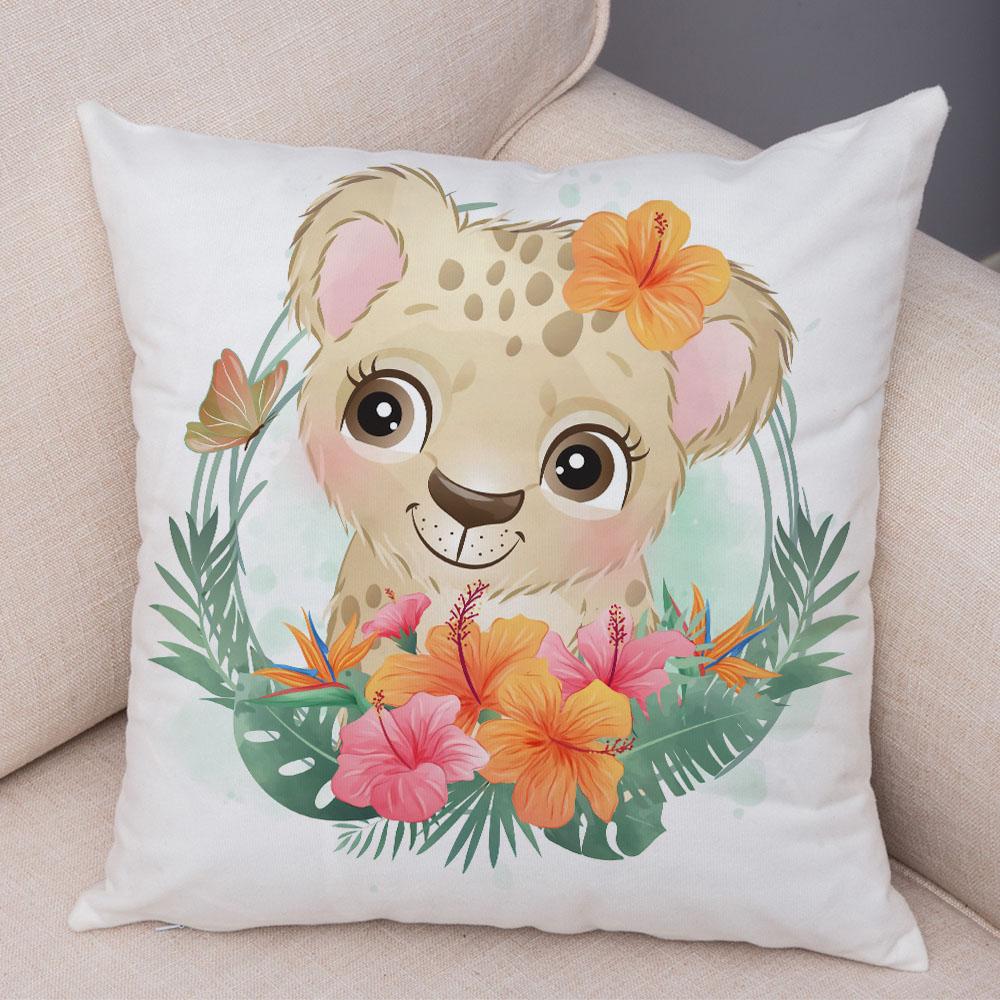Cartoon Bird and Leaves Pillow Case Decor Cute Animal Lion Cushion Cover for Children Room Sofa Home Plush Pillowcase 45x45cm