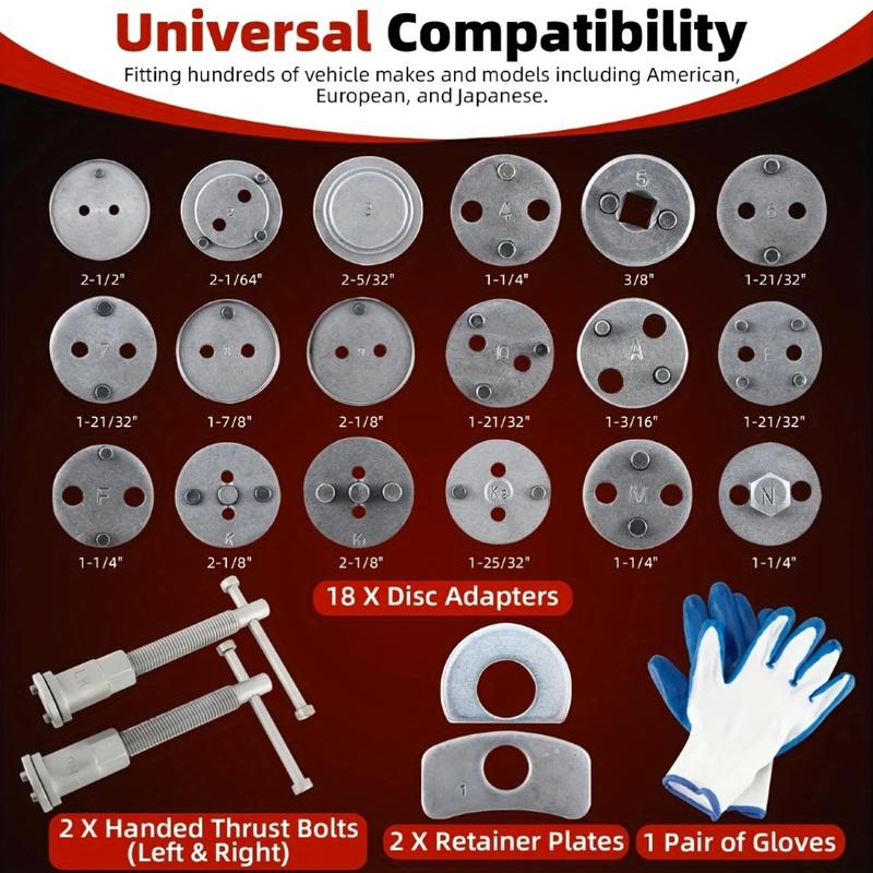 24Pcs Disc Brake Caliper Piston Compressor Rewind Tool Set with 18 Adapters, Dual Handed Thrust Bolts, Retainer Plates and Glove