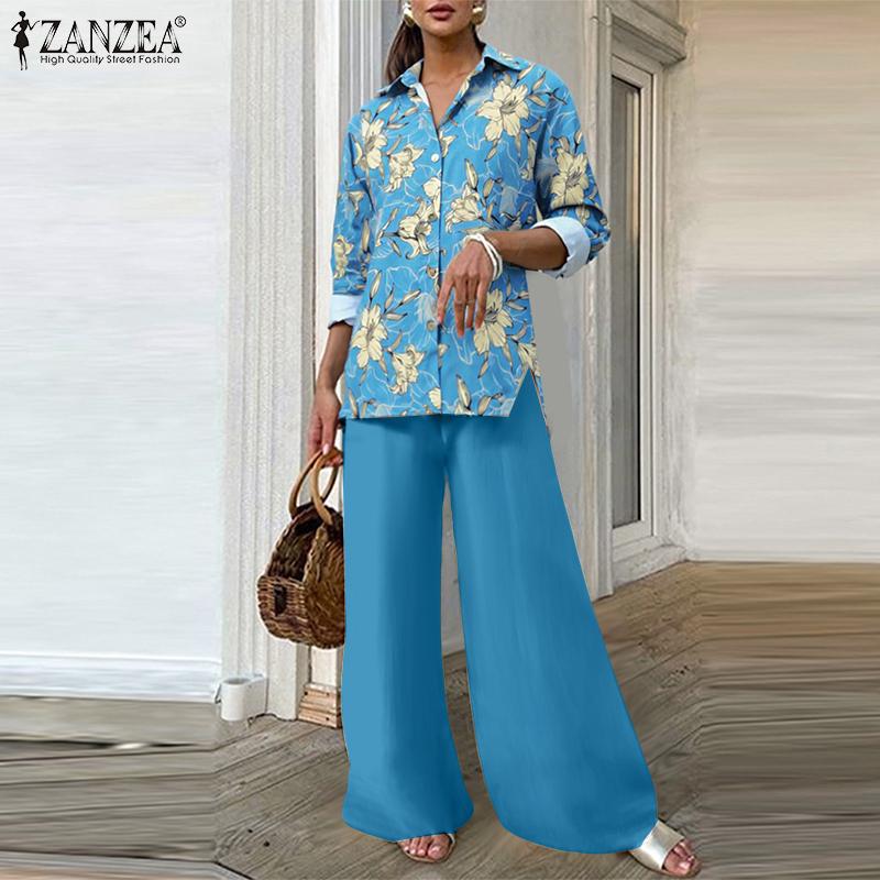 ZANZEA Women Long Sleeve Print Blouse and Pants Casual Two Piece Suit Sets