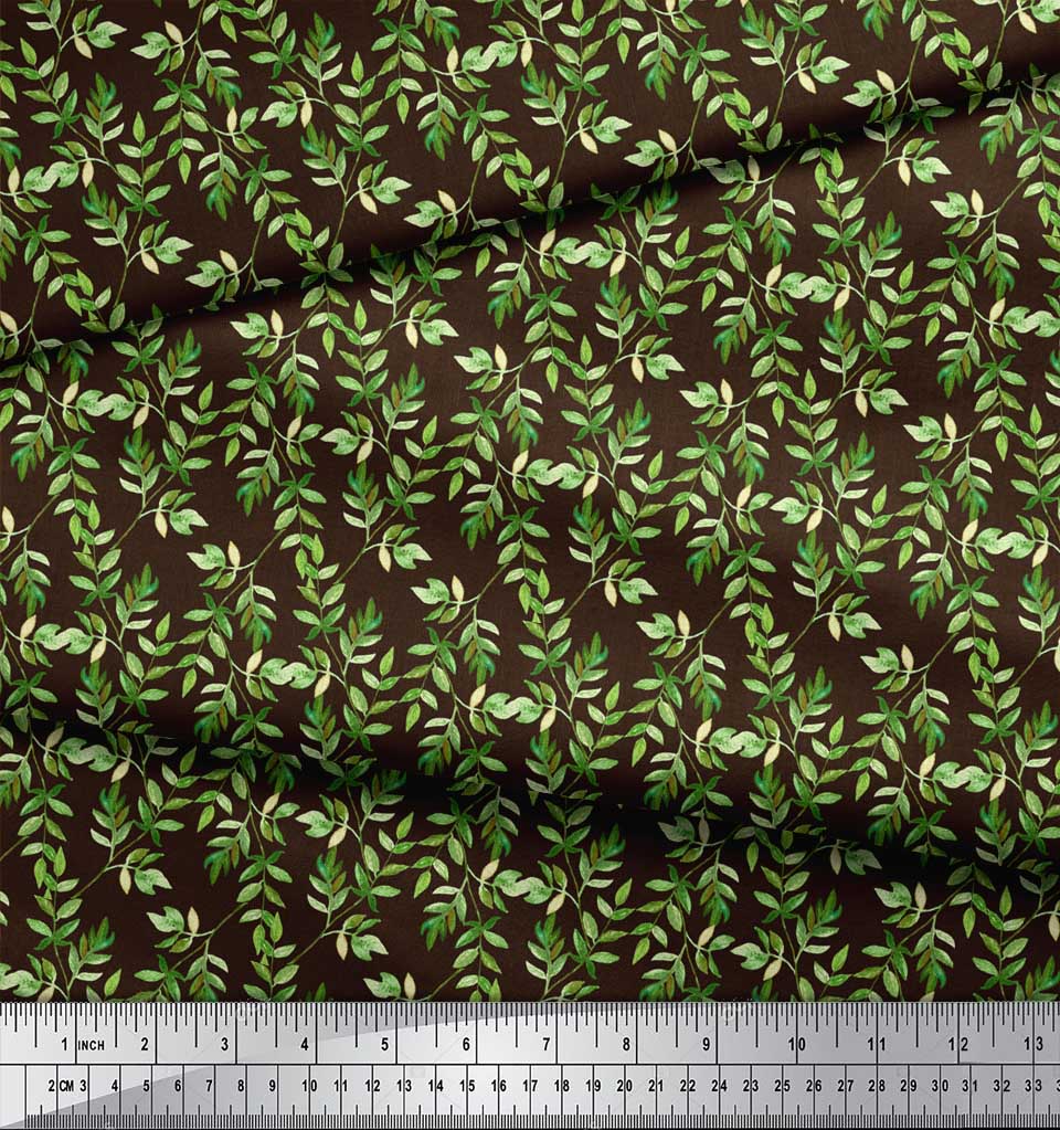 Soimoi Brown Japan Crepe Satin Fabric Ash Leaves Printed Fabric 1 metre 42 Inch